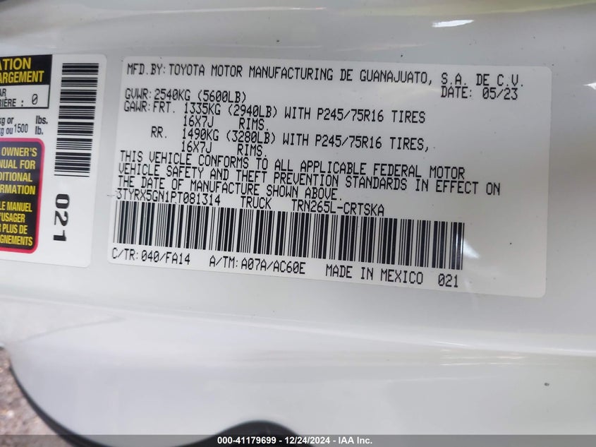 2023 TOYOTA TACOMA VIN: 3TYRX5GN1PT081314