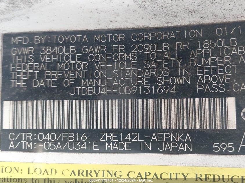 2011 TOYOTA COROLLA VIN: JTDBU4EE0B9131694