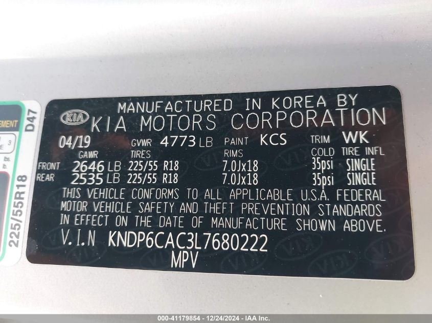 2020 Kia Sportage S VIN: KNDP6CAC3L7680222 Lot: 41179854