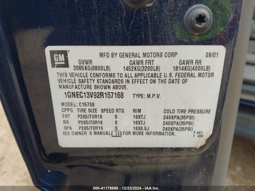 2002 Chevrolet Tahoe Ls VIN: 1GNEC13V92R157168 Lot: 41179898