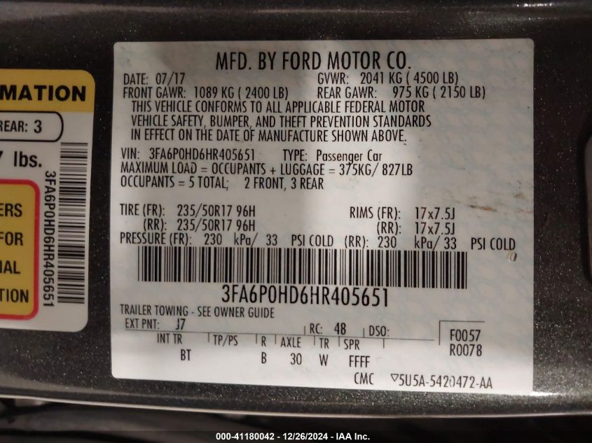 VIN 3FA6P0HD6HR405651 2017 Ford Fusion, SE no.9