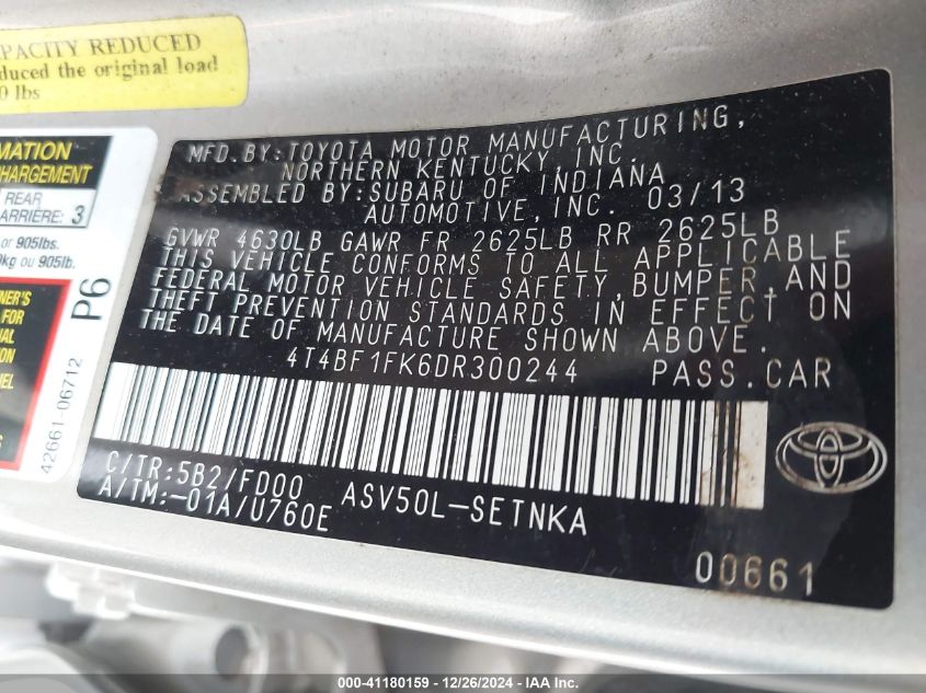 VIN 4T4BF1FK6DR300244 2013 Toyota Camry, LE no.9