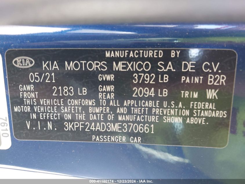 VIN 3KPF24AD3ME370661 2021 KIA Forte, Lxs no.9