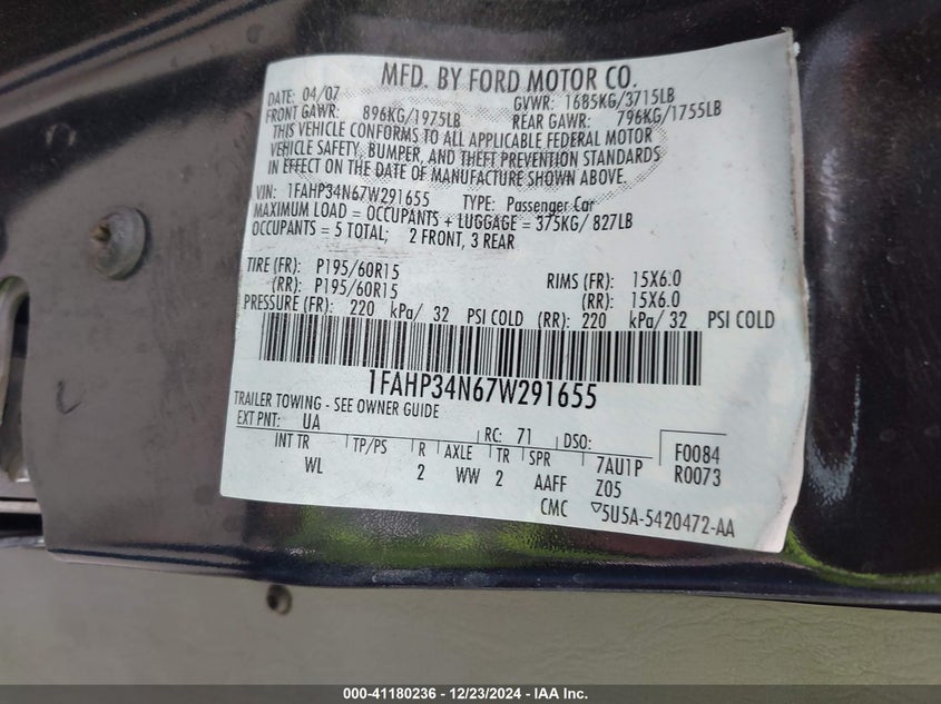 2007 FORD FOCUS VIN: 1FAHP34N67W291655