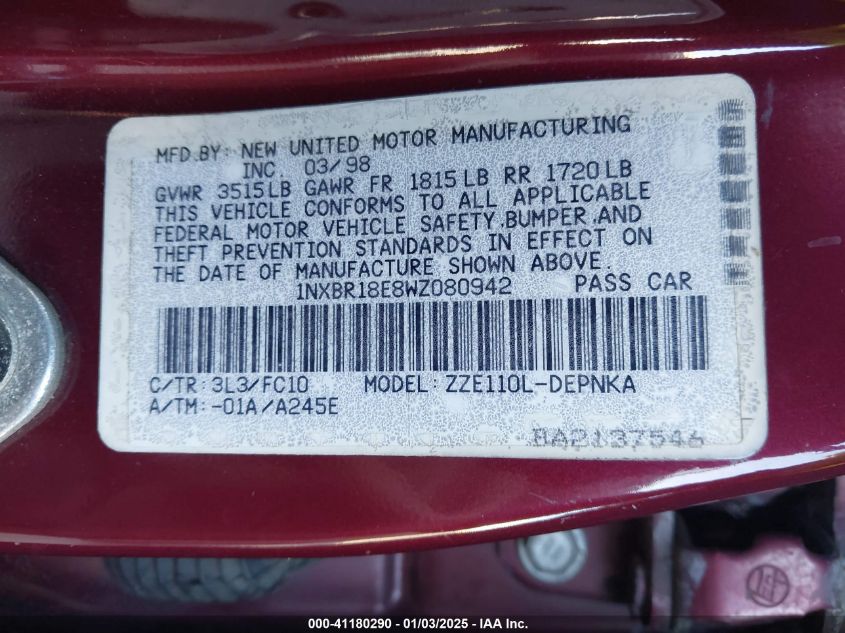 1998 Toyota Corolla Le VIN: 1NXBR18E8WZ080942 Lot: 41180290