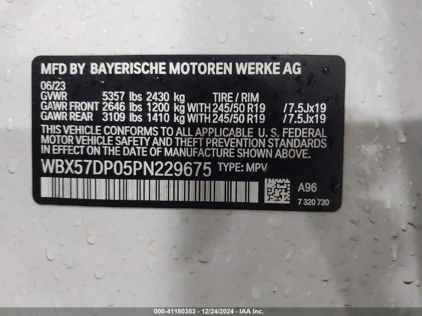 2023 BMW X3 xDrive30I VIN: WBX57DP05PN229675 Lot: 41180353
