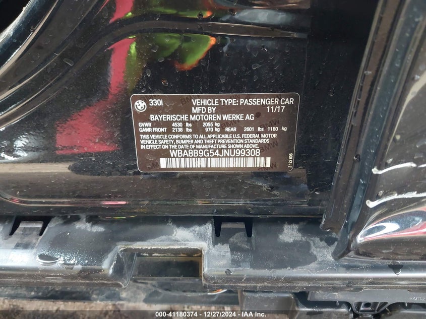 2018 BMW 330I VIN: WBA8B9G54JNU99308