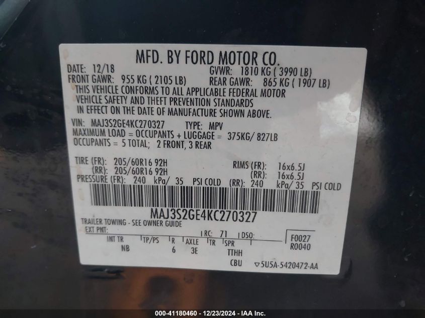 2019 Ford Ecosport Se VIN: MAJ3S2GE4KC270327 Lot: 41180460