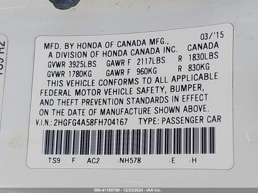 2015 HONDA CIVIC VIN: 2HGFG4A58FH704167