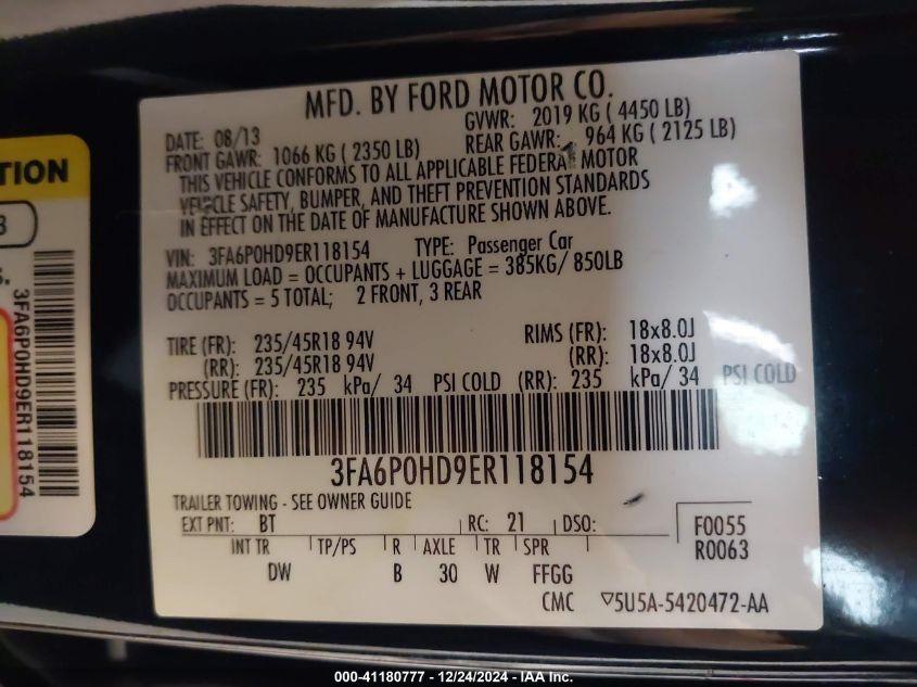 VIN 3FA6P0HD9ER118154 2014 Ford Fusion, SE no.9