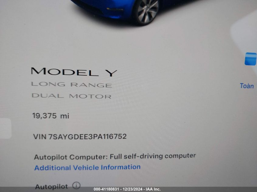 VIN 7SAYGDEE3PA116752 2023 Tesla Model Y, Awd/Long... no.7