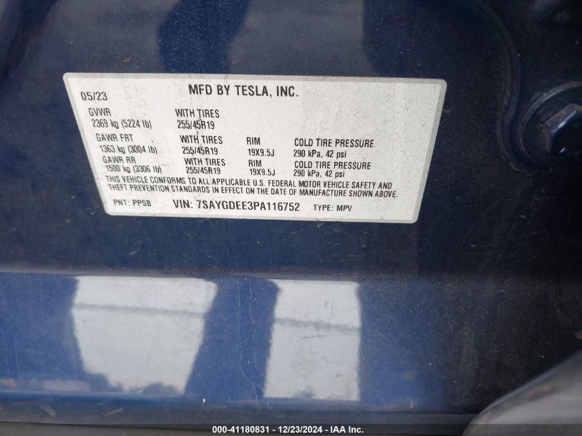 VIN 7SAYGDEE3PA116752 2023 Tesla Model Y, Awd/Long... no.9