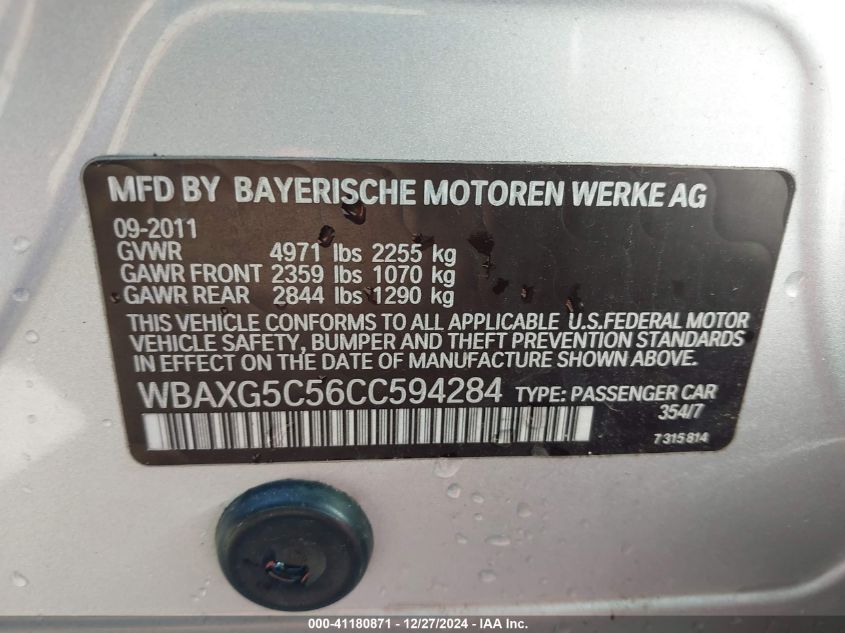 2012 BMW 528I VIN: WBAXG5C56CC594284 Lot: 41180871