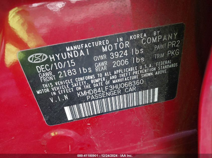 VIN KMHD84LF3HU068360 2017 HYUNDAI ELANTRA no.9