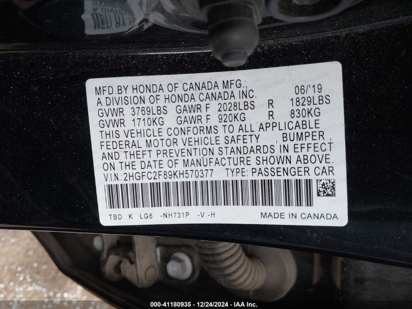 VIN 2HGFC2F89KH570377 2019 HONDA CIVIC no.9