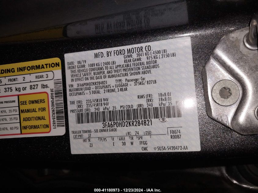 VIN 3FA6P0HD2KR284821 2019 Ford Fusion, SE no.9