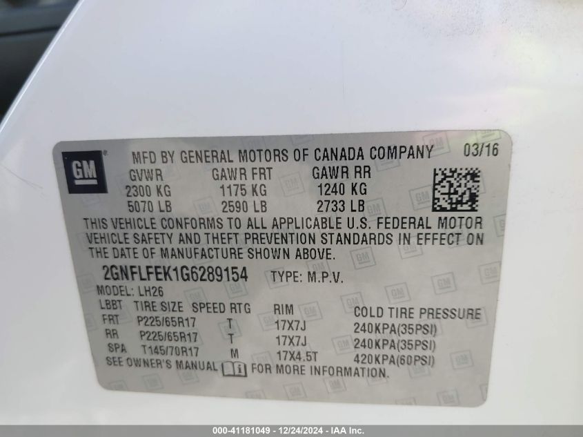 VIN 2GNFLFEK1G6289154 2016 Chevrolet Equinox, LT no.9