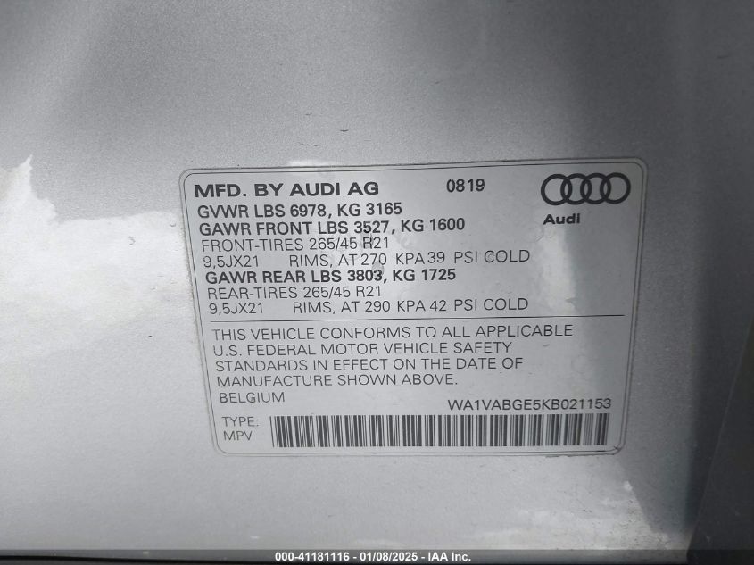 VIN WA1VABGE5KB021153 2019 AUDI E-TRON no.9