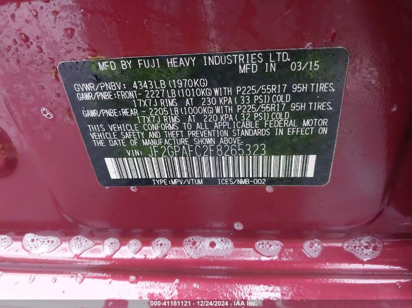 2015 SUBARU XV CROSSTREK 2.0I PREMIUM - JF2GPAFC2F8265323