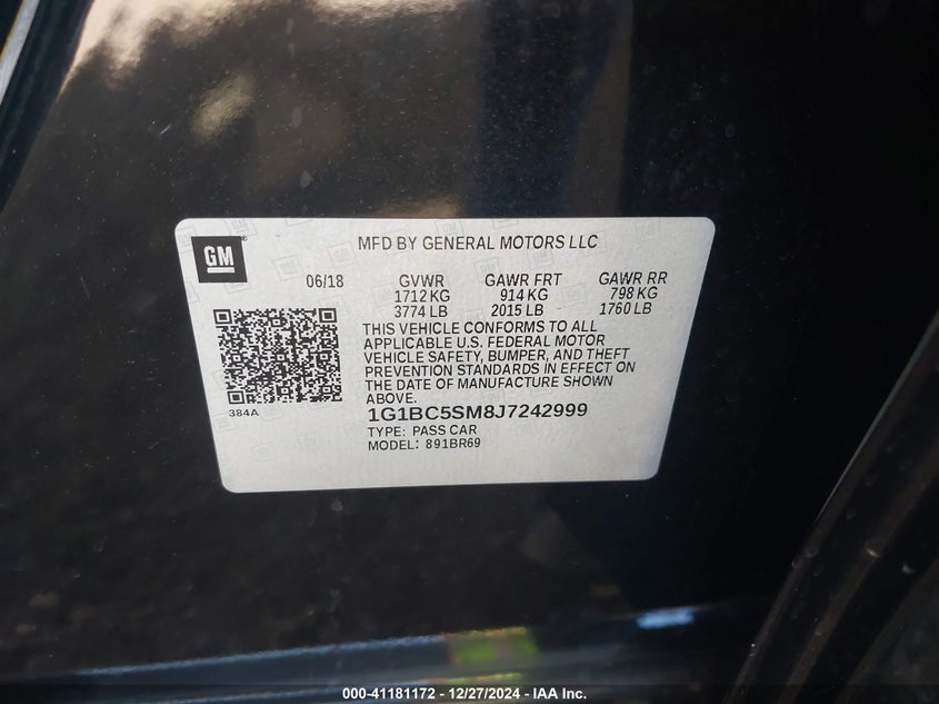 2018 CHEVROLET CRUZE VIN: 1G1BC5SM8J7242999