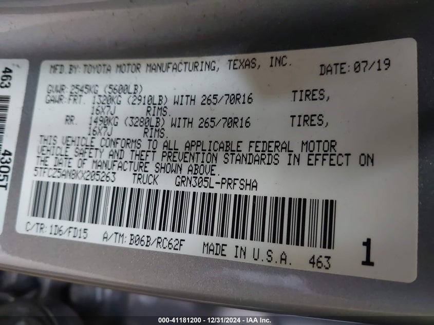 VIN 5TFCZ5AN8KX205263 2019 TOYOTA TACOMA TRD OFF ROAD