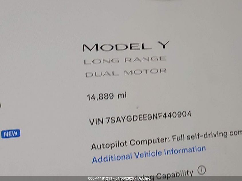 VIN 7SAYGDEE9NF440904 2022 Tesla Model Y, Long Rang... no.15