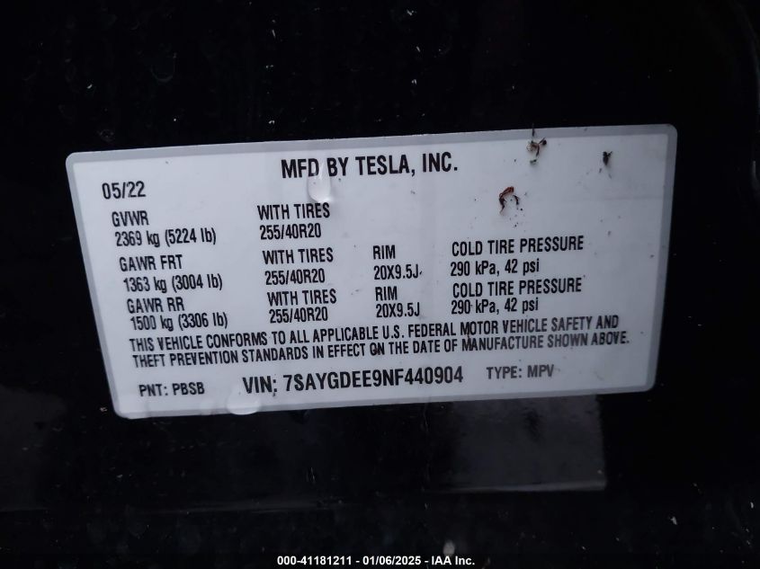 VIN 7SAYGDEE9NF440904 2022 Tesla Model Y, Long Rang... no.9