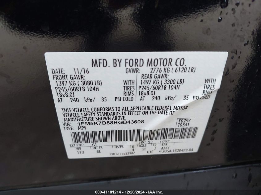 VIN 1FM5K7D88HGB43608 2017 FORD EXPLORER no.9