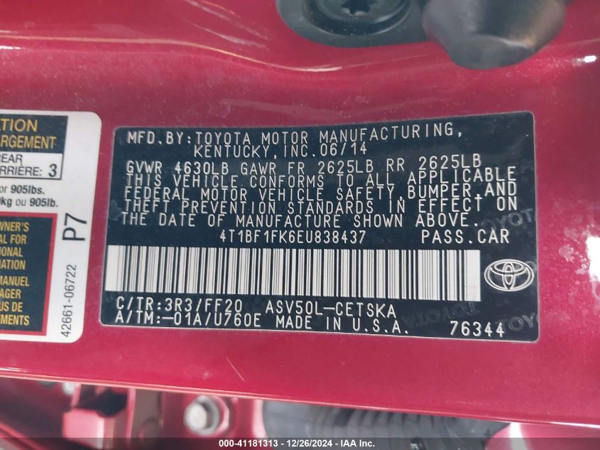 VIN 4T1BF1FK6EU838437 2014 Toyota Camry, SE no.9