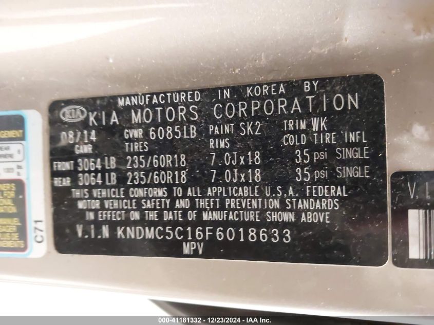 2015 Kia Sedona Sx VIN: KNDMC5C16F6018633 Lot: 41181332