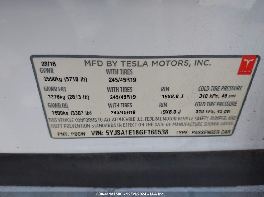 VIN 5YJSA1E18GF160538 2016 Tesla Model S, 60/70/75/85 no.9