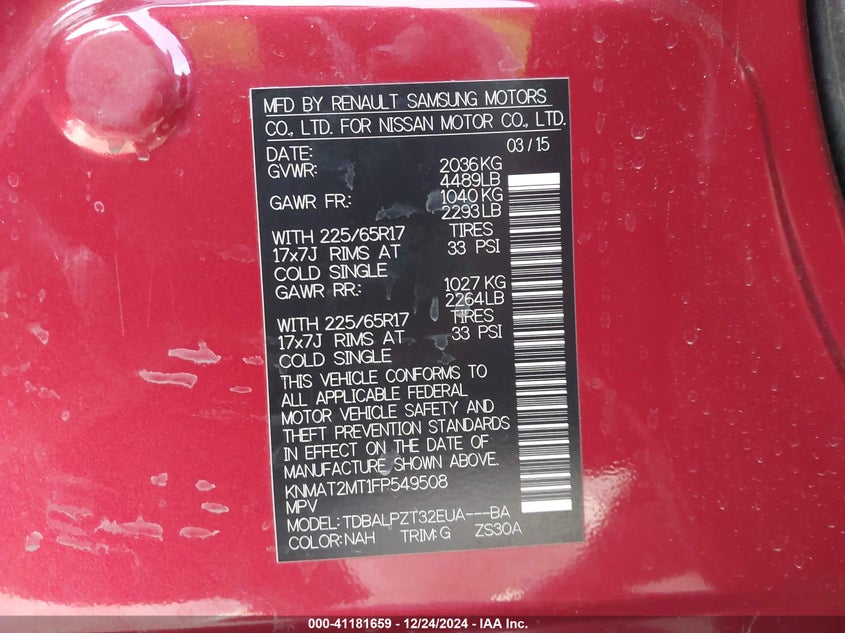 2015 NISSAN ROGUE S/SL/SV - KNMAT2MT1FP549508