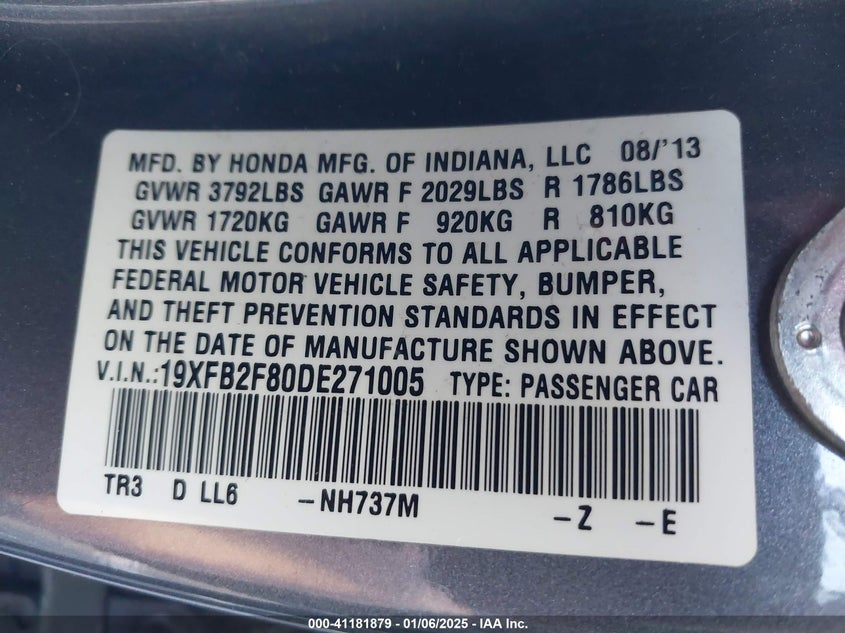 2013 HONDA CIVIC VIN: 19XFB2F80DE271005