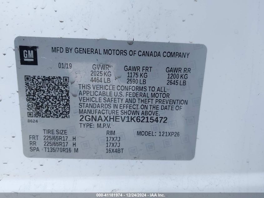 2019 Chevrolet Equinox Ls VIN: 2GNAXHEV1K6215472 Lot: 41181974