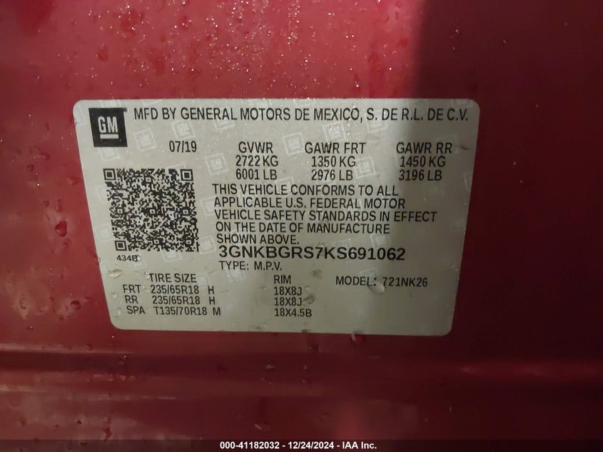2019 CHEVROLET BLAZER VIN: 3GNKBGRS7KS691062