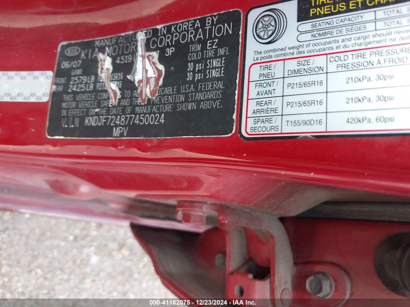 2007 KIA SPORTAGE VIN: KNDJF724877450024