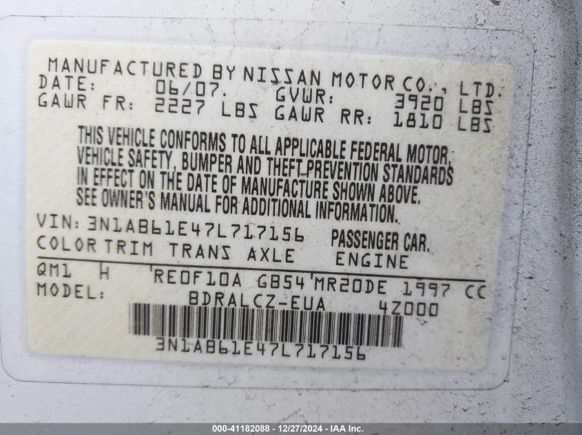 2007 Nissan Sentra 2.0 VIN: 3N1AB61E47L717156 Lot: 41182088
