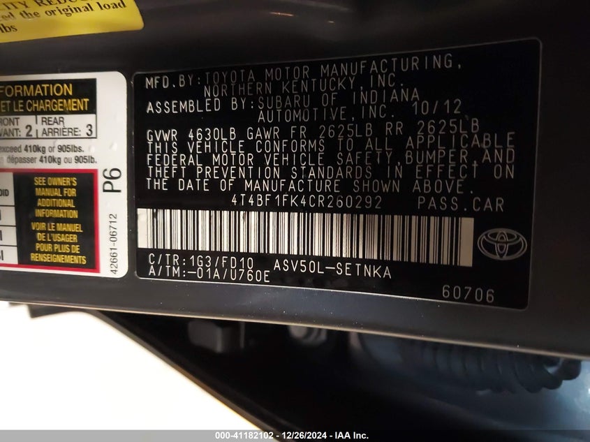 2012 TOYOTA CAMRY VIN: 4T4BF1FK4CR260292
