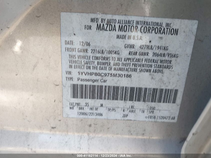 2007 Mazda Mazda6 I Sport Ve VIN: 1YVHP80C975M30186 Lot: 41182114
