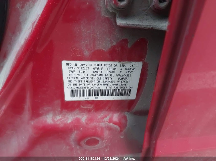 2012 HONDA FIT VIN: JHMGE8H53CC027421