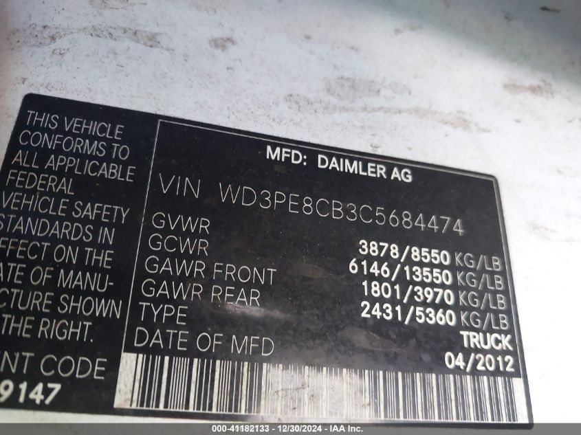 2012 Mercedes-Benz Sprinter 2500 High Roof VIN: WD3PE8CB3C5684474 Lot: 41182133