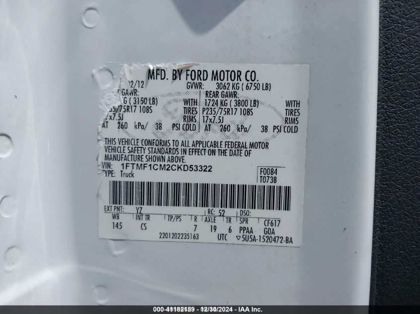 2012 Ford F-150 Xl VIN: 1FTMF1CM2CKD53322 Lot: 41182159