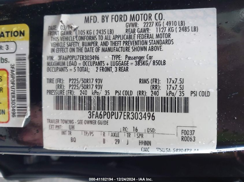 VIN 3FA6P0PU7ER303496 2014 Ford Fusion, Energi Se L... no.9