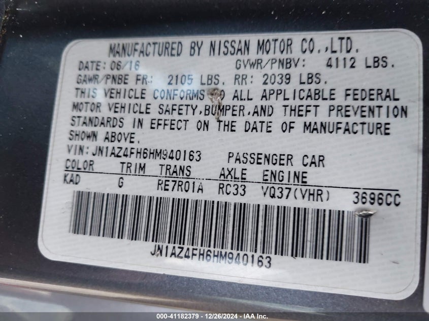 2017 NISSAN 370Z VIN: JN1AZ4FH6HM940163