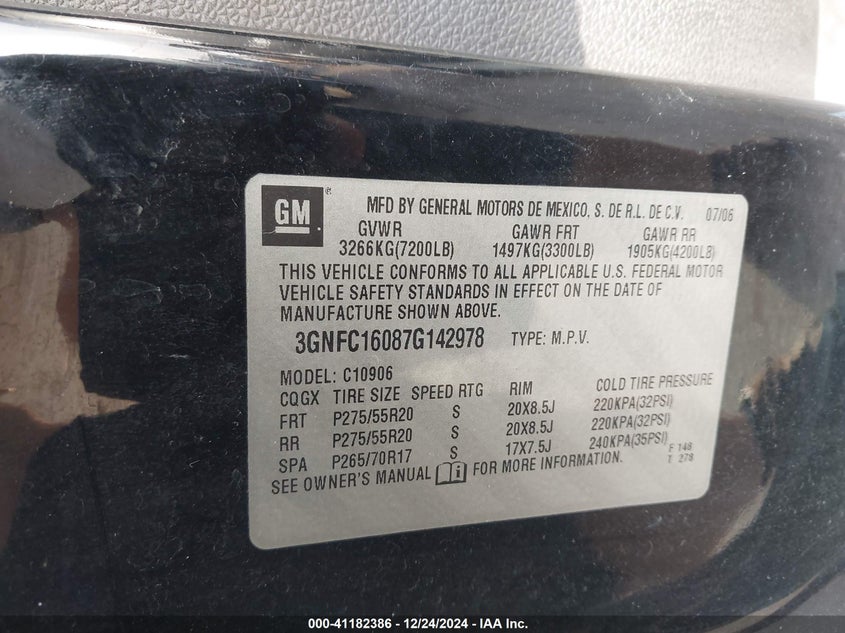 2007 CHEVROLET SUBURBAN VIN: 3GNFC16087G142978