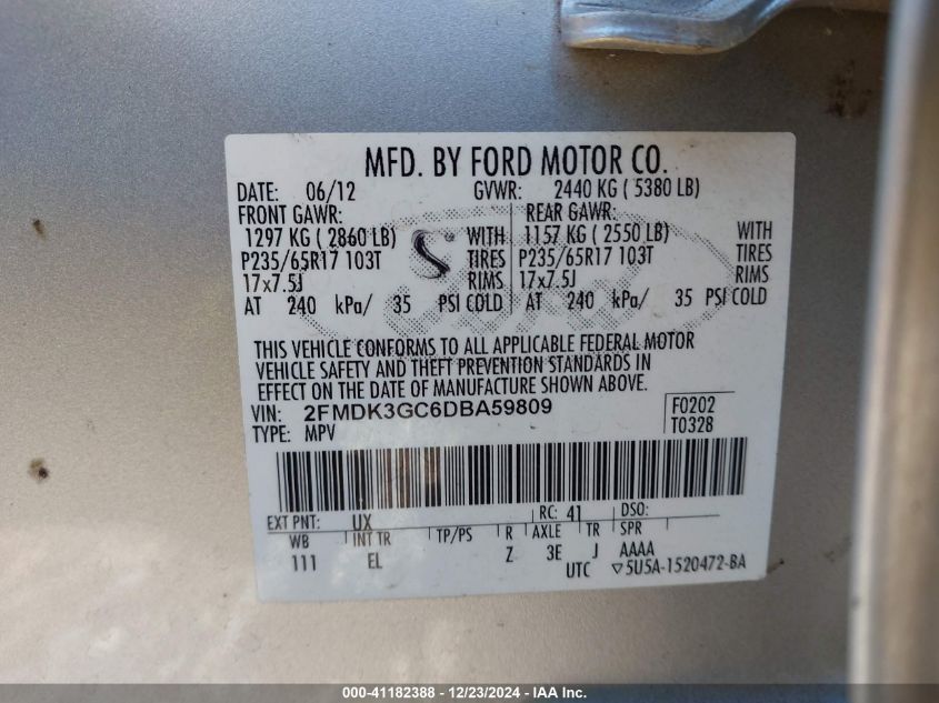 VIN 2FMDK3GC6DBA59809 2013 FORD EDGE no.9