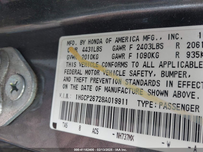 2008 HONDA ACCORD VIN: 1HGCP26728A019911