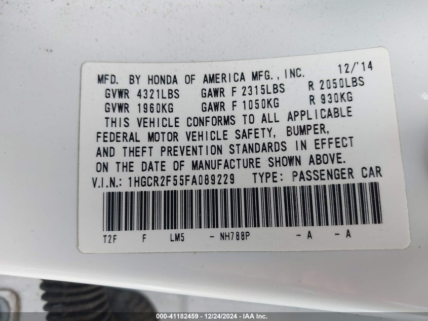 2015 HONDA ACCORD VIN: 1HGCR2F55FA089229