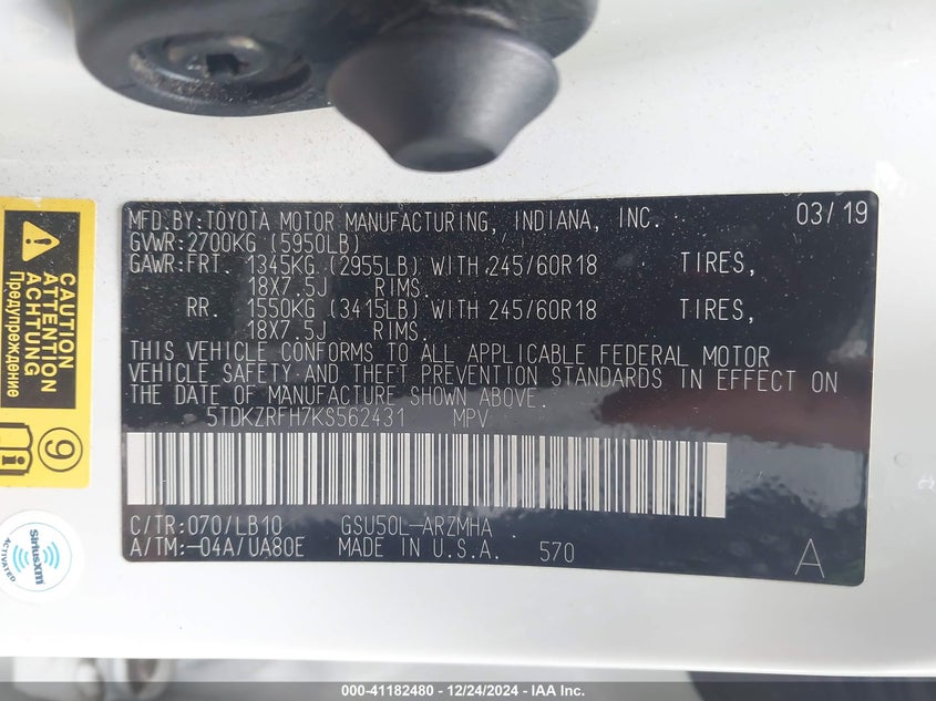 2019 TOYOTA HIGHLANDER VIN: 5TDKZRFH7KS562431