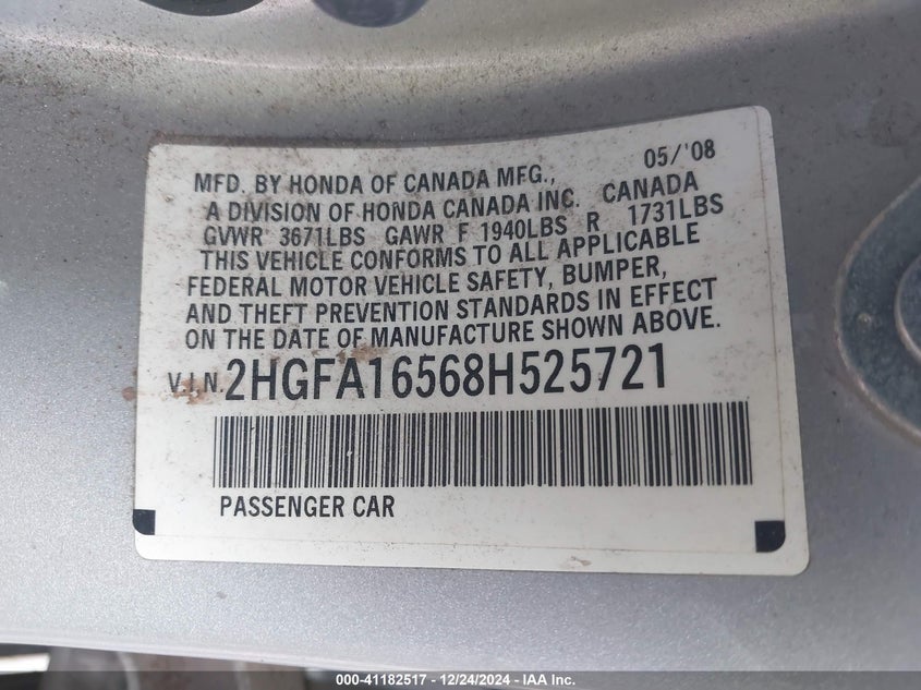 2008 HONDA CIVIC VIN: 2HGFA16568H525721